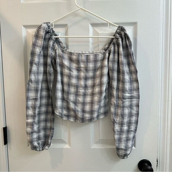 Abercrombie & Fitch plaid square neck puffy sleeve shirred back blouse size XS - Picture 1 of 9